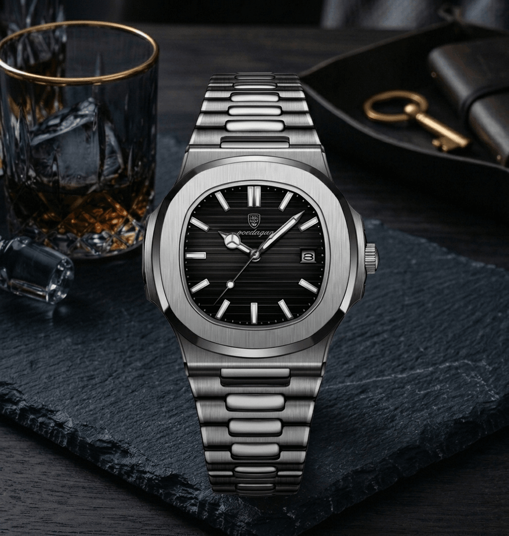 POEDAGAR 613 Square Luxury Men's Watch – Silver & Black