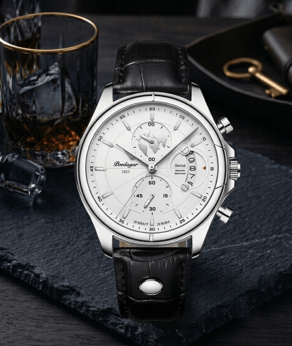 POEDAGAR 989 Classic Men's Leather Watch – Silver & White Dial