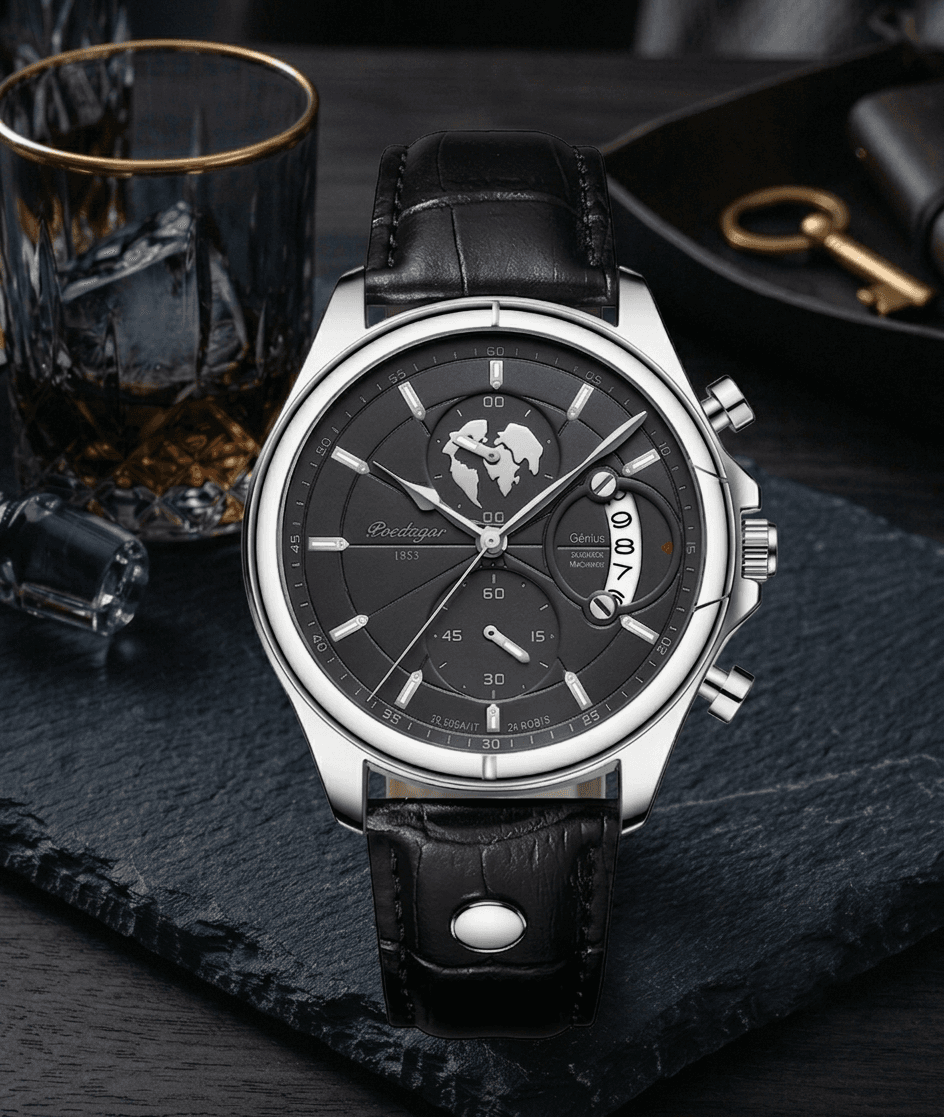 POEDAGAR 989 Classic Men's Leather Watch – Silver & Black Dial