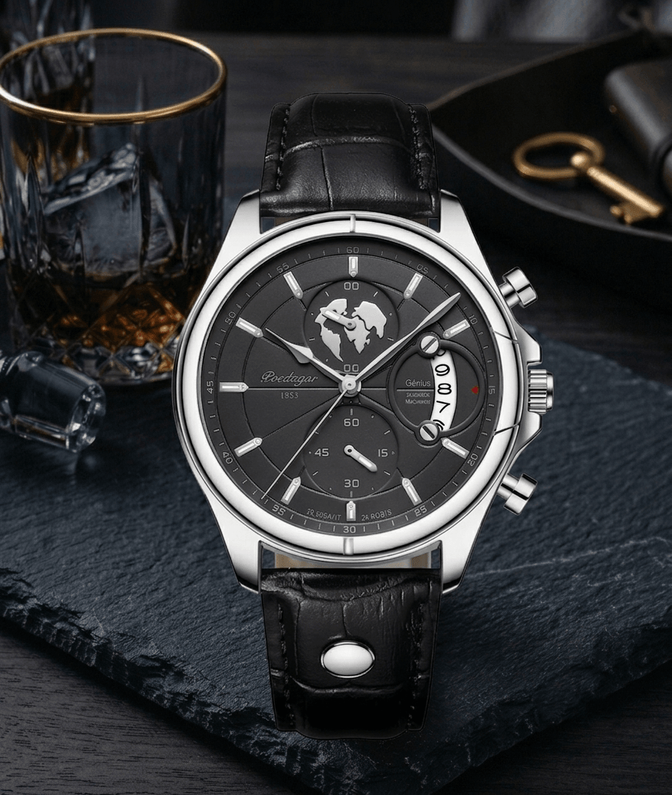 POEDAGAR 989 Classic Men's Leather Watch – Silver & Black Dial