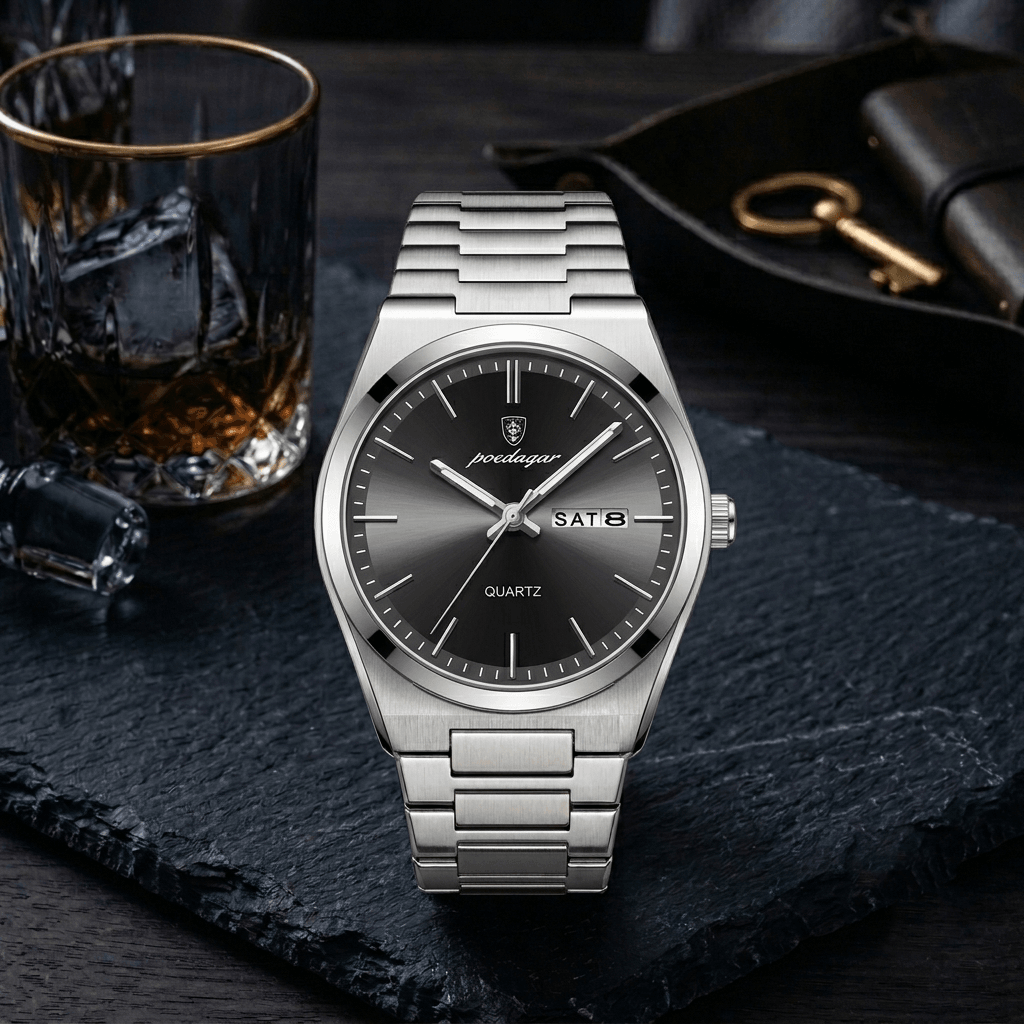 POEDAGAR 930 Luxury Men's Watch – Silver & Black Dial