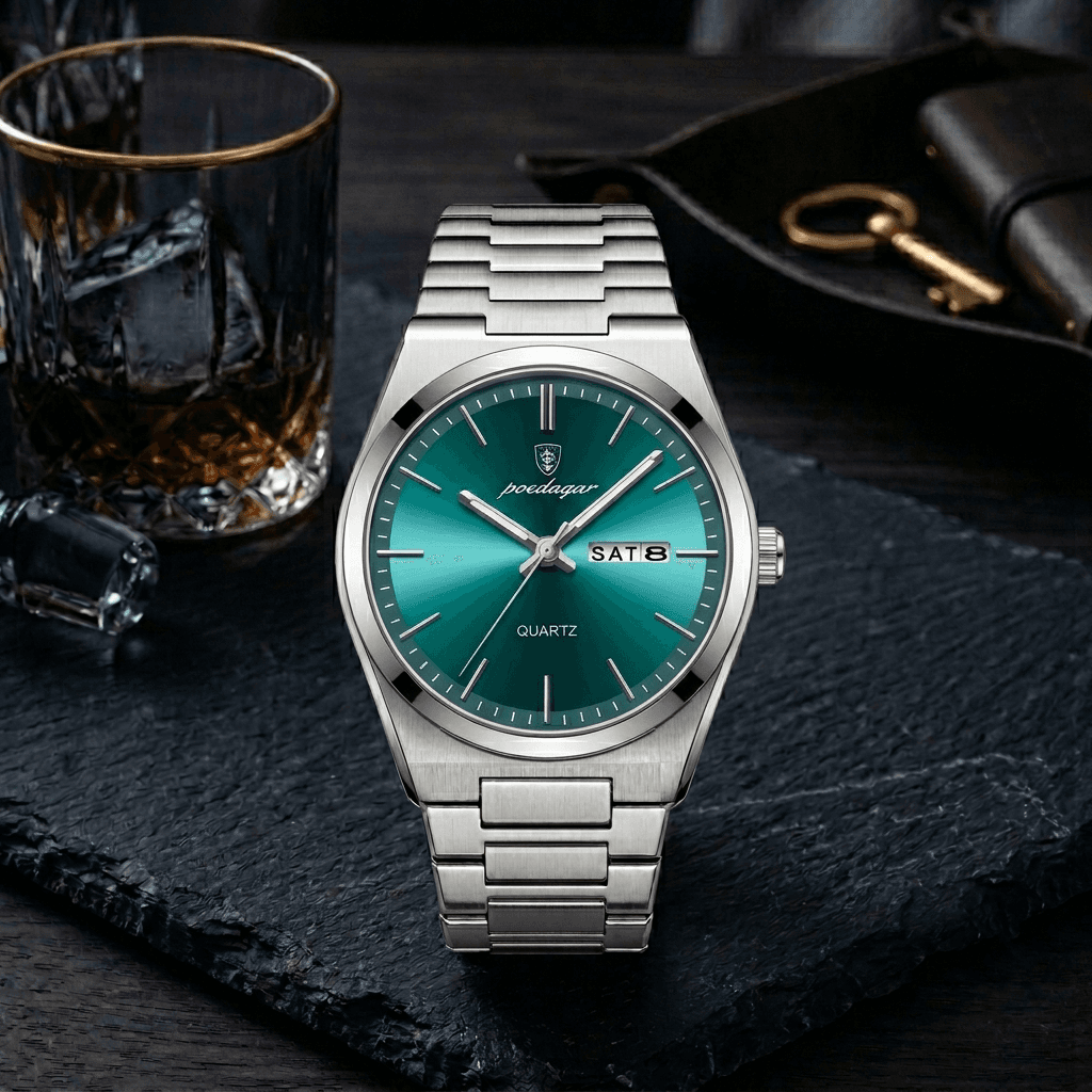 POEDAGAR 930 Luxury Men's Watch – Silver & Green Dial