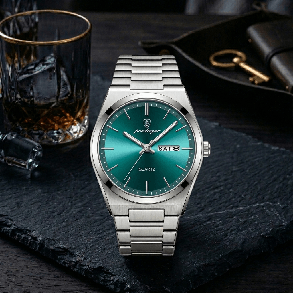 POEDAGAR 930 Luxury Men's Watch – Silver & Green Dial